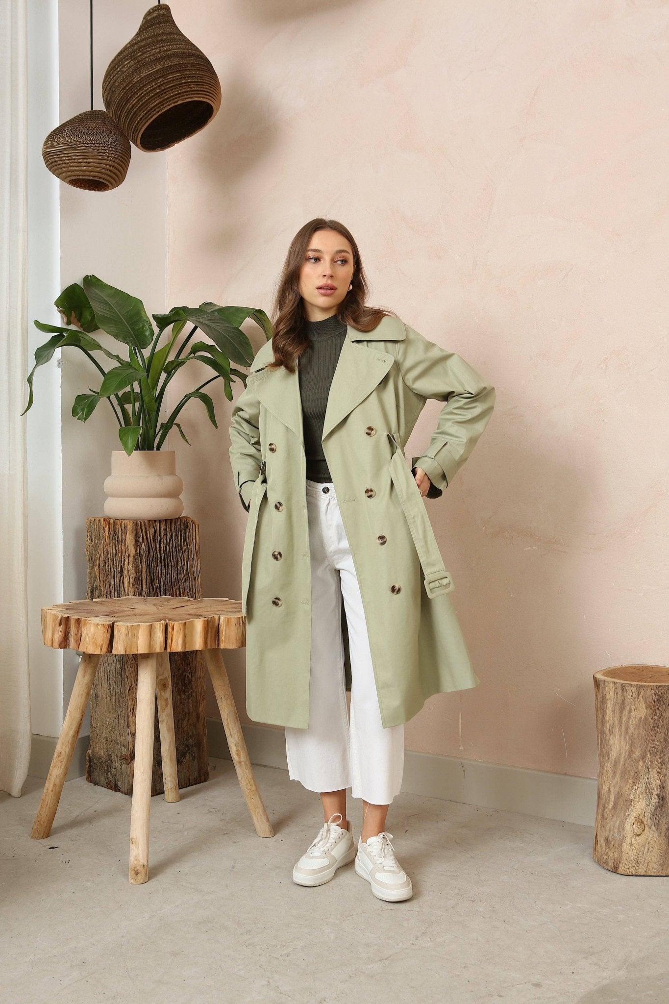 Water Resistant Sage Trench Coat - Main Image
