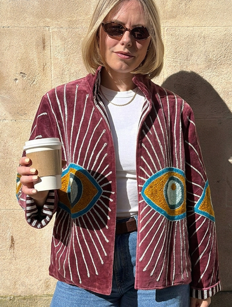 Embroidered Velvet Suzani Jacket - Plum Evil Eye