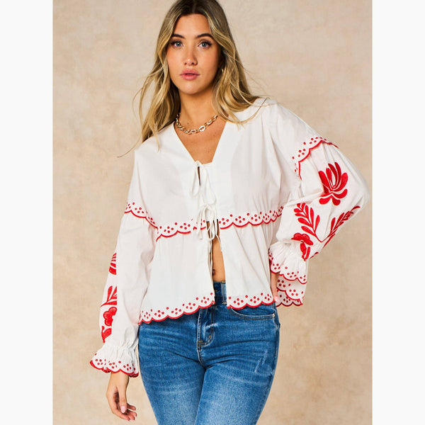 Embroidered Floral Front Tie Cotton Shirt in White