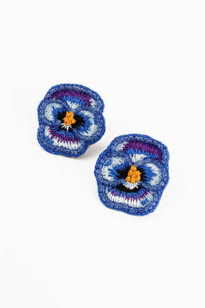 Blue Pansy Beaded Stud Earrings