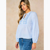 Embroidered Pinstripe Long Sleeve Cotton Shirt in Blue