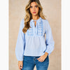 Embroidered Pinstripe Long Sleeve Cotton Shirt in Blue