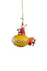 A whimsical Christmas ornament shaped like a yellow submarine with a Santa hat, hanging from a thin string against a plain white background.
