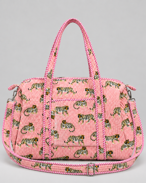 Quilted Cotton Duffle Bag - Pink Tigers