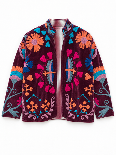 Embroidered Velvet Suzani Jacket - Burgundy Hearts