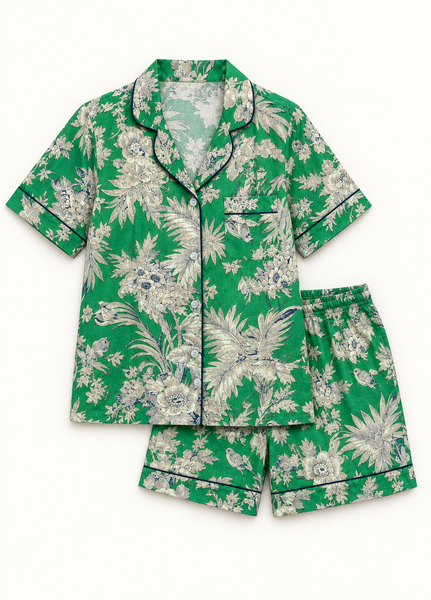 Cotton Pyjamas Short Set - Emerald Toile De Jouy