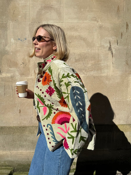 Embroidered Velvet Suzani Jacket - Ivory Floral