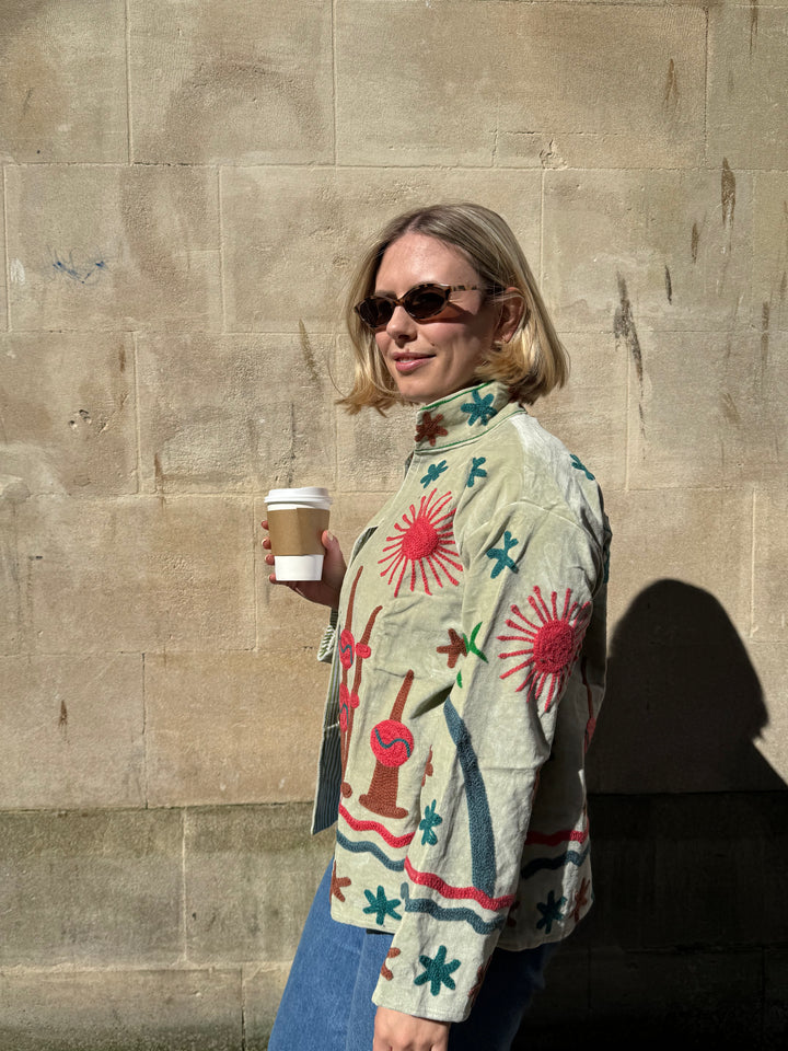 Embroidered Velvet Suzani Jacket - Beige Palms and Sun
