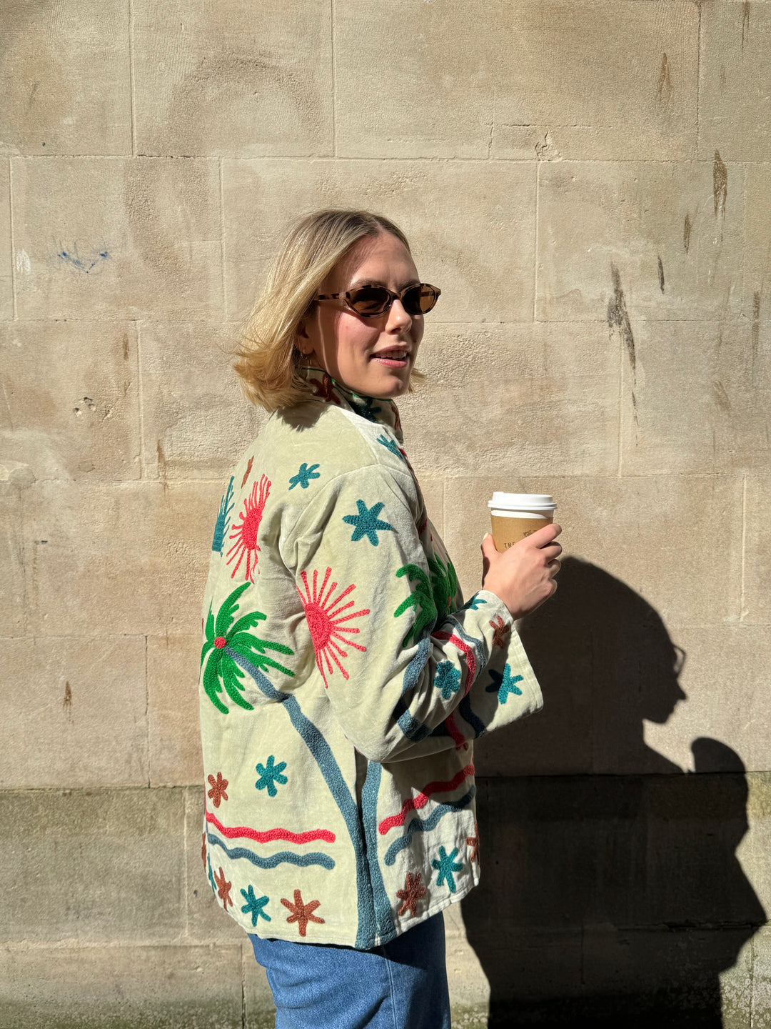 Embroidered Velvet Suzani Jacket - Beige Palms and Sun