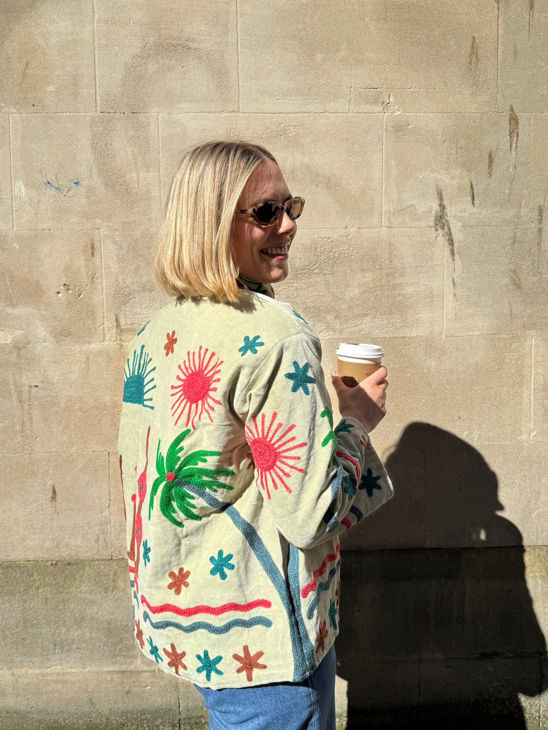 Embroidered Velvet Suzani Jacket - Beige Palms and Sun