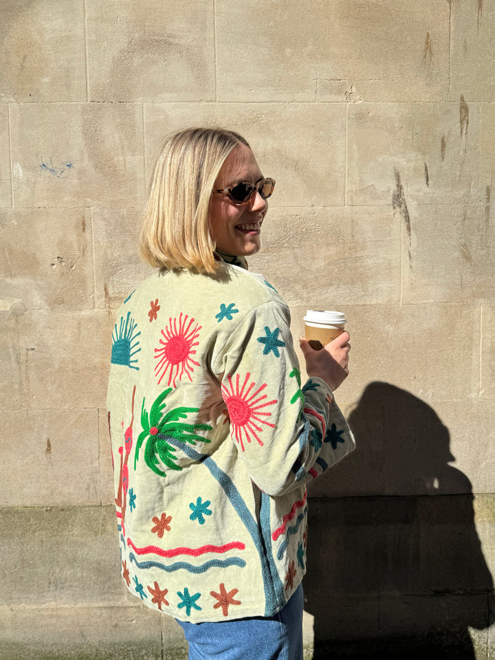 Embroidered Velvet Suzani Jacket - Beige Palms and Sun