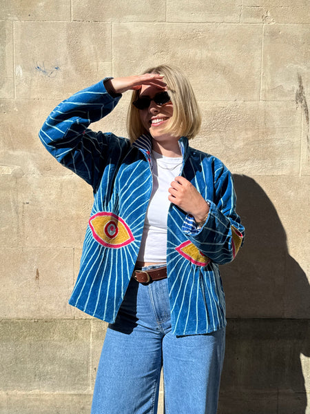 Embroidered Velvet Suzani Jacket - Bright Blue Evil Eye