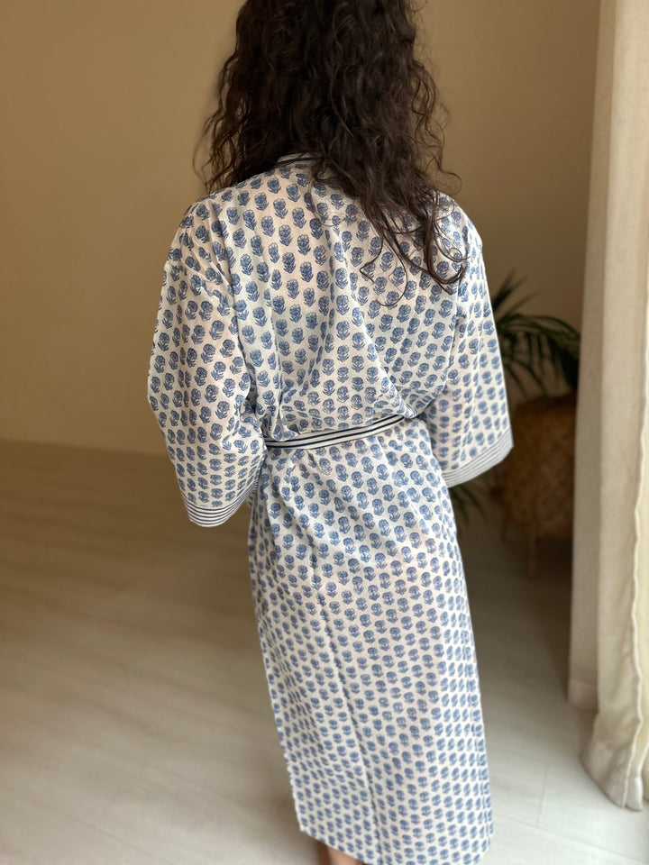 Blue Hand Block Cotton Kimono - Hauslife