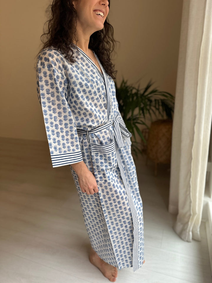 Blue Hand Block Cotton Kimono - Hauslife