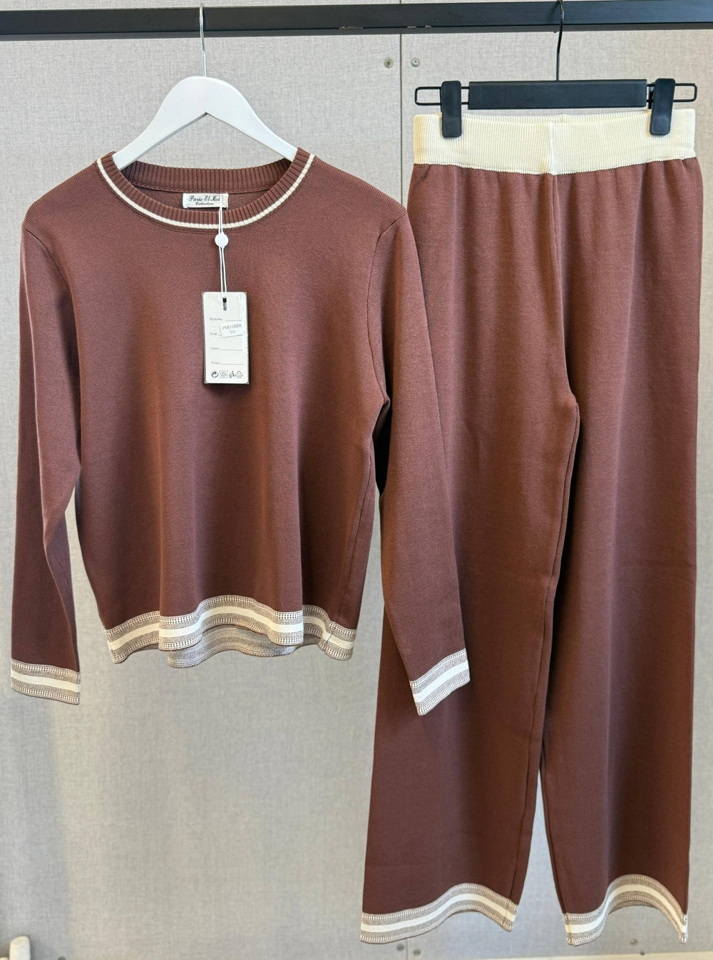 Brown Knit Co - ords with Cream Striped Border - Hauslife