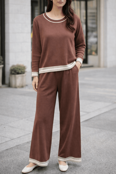 Brown Knit Co - ords with Cream Striped Border - Hauslife