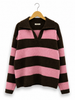 Striped Knit Polo-Collar Sweater AP217: Brown / Standard / One size