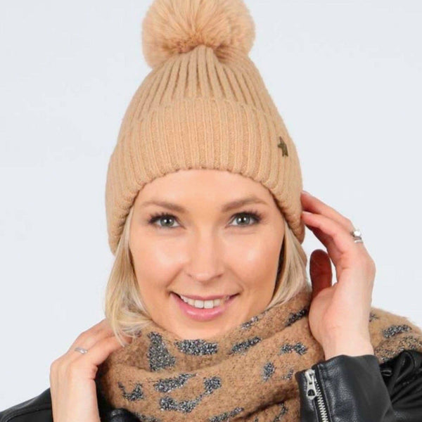 Camel Metal Star Pom Pom Hat with Antique Gold Star - Hauslife