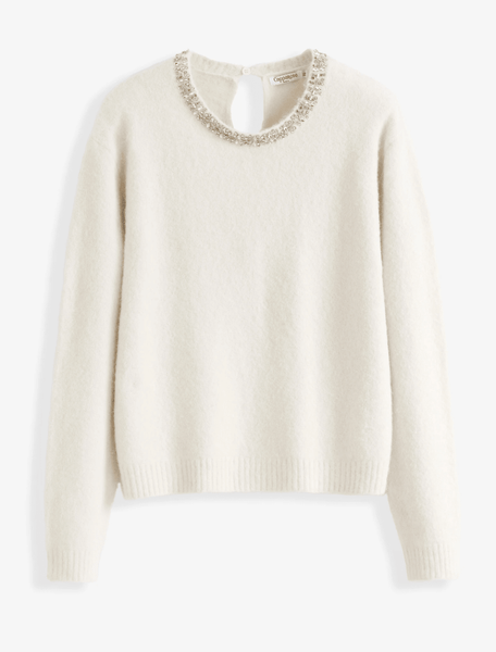 Celeste Rhinestone Collar Jumper – Cream - Hauslife