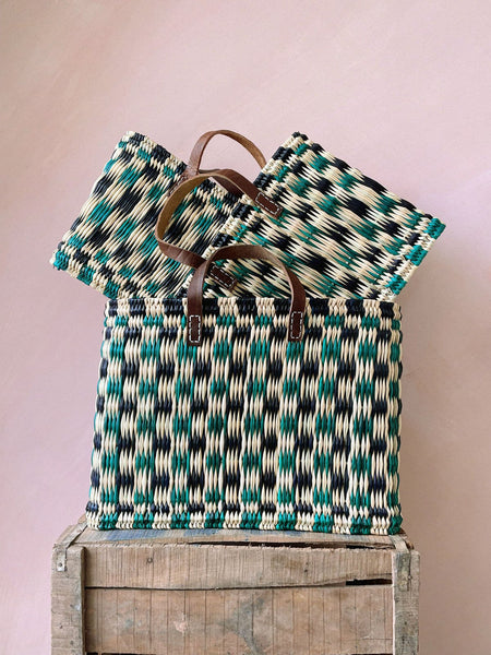 Chequered Reed Basket - Indigo & Green - Hauslife