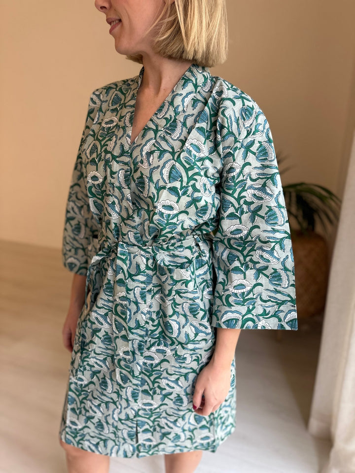 Cotton Kimono - Green Floral Block Print - Hauslife