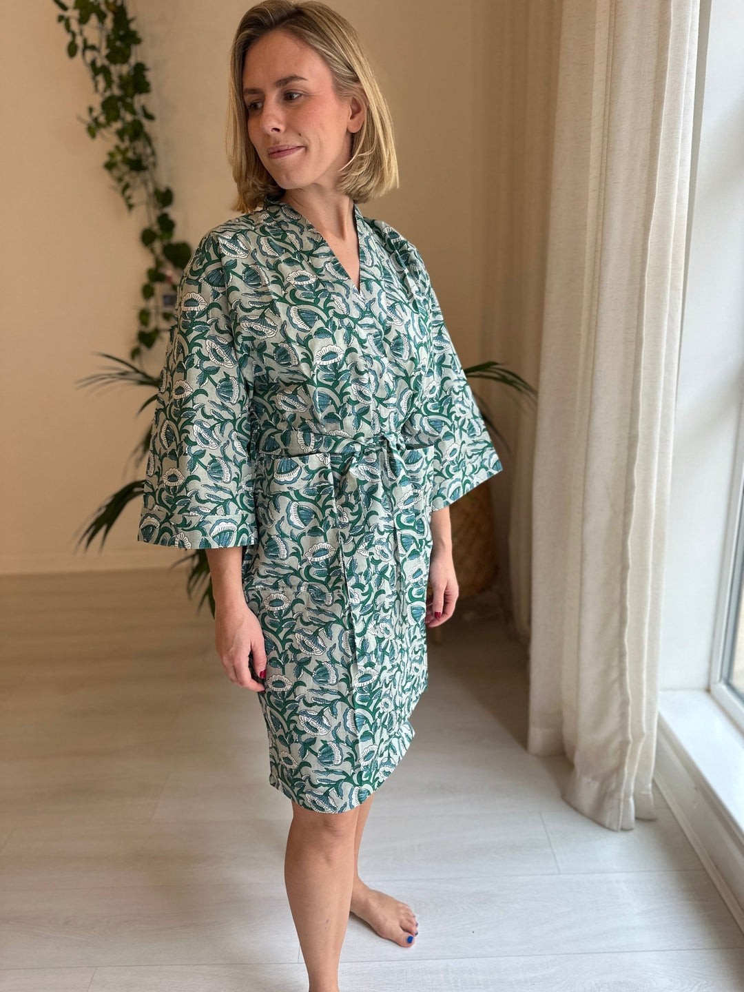 Cotton Kimono - Green Floral Block Print - Hauslife