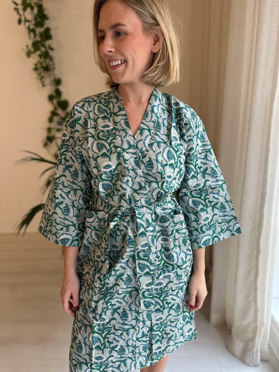 Cotton Kimono - Green Floral Block Print - Hauslife