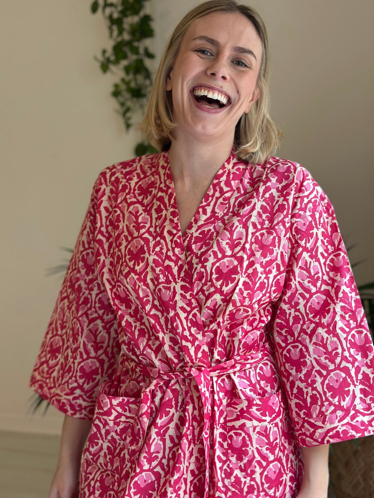 Cotton Kimono - Pink Floral Block Print - Hauslife