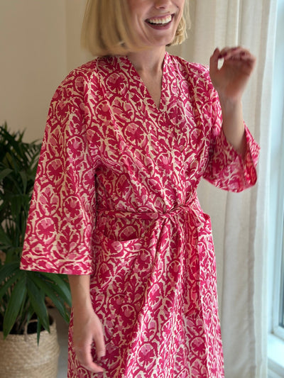 Cotton Kimono - Pink Floral Block Print - Hauslife