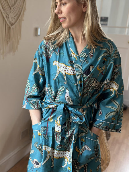 Cotton Kimono Bathrobe UK | Teal Jungle Print