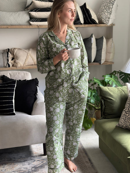 Cotton Pyjama Set - Green Floral Block Print - Hauslife