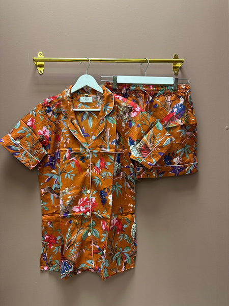 Cotton Pyjama Shorts Set - Burnt Orange Botanical - Hauslife