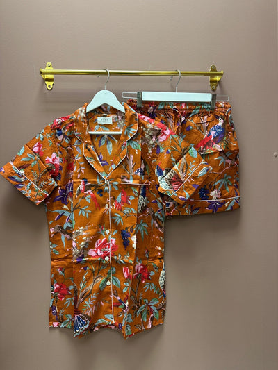 Cotton Pyjama Shorts Set - Burnt Orange Botanical - Hauslife