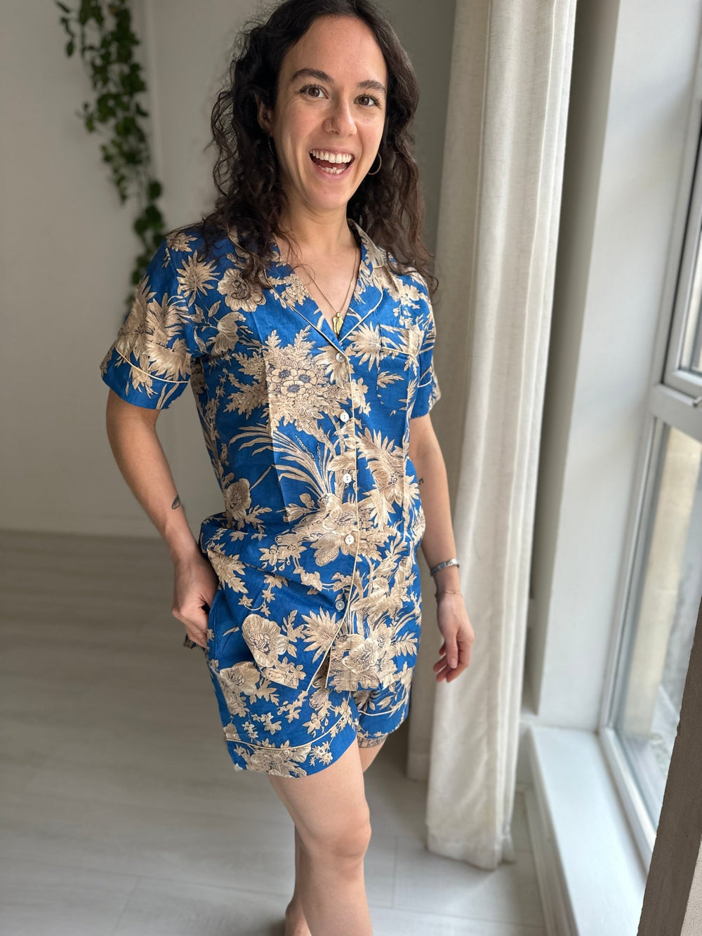 Cotton Pyjama Shorts Set - Cobalt Toile de Jouy - Hauslife