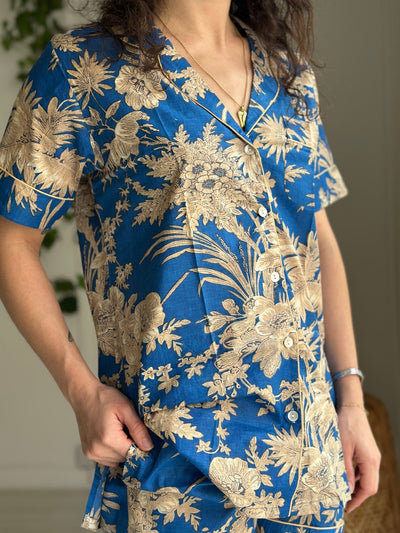 Cotton Pyjama Shorts Set - Cobalt Toile de Jouy - Hauslife