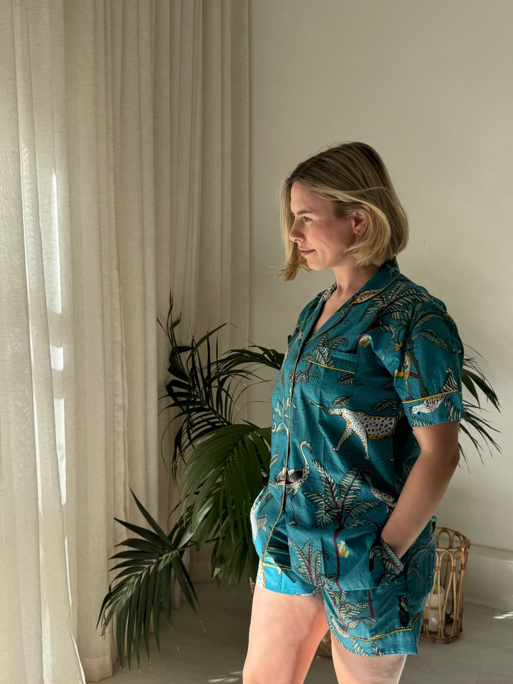 Cotton Pyjama Shorts Set - Teal Jungle - Hauslife