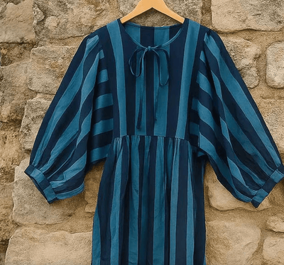 Cotton Striped Midaxi Dress - Navy & Blue - Hauslife