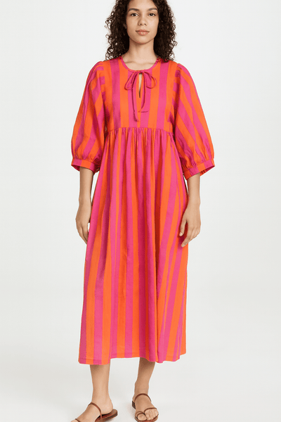 Cotton Striped Midaxi Dress - Pink & Red - Hauslife