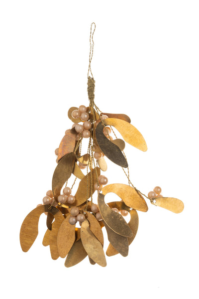 A hanging decorative garland made of layered metallic gold and bronze leaf-shaped pieces with small pearl-like beads, shown against a plain white background.