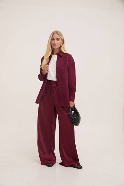 Ebba Burgundy Satin Elasticated Waist Trouser - Hauslife