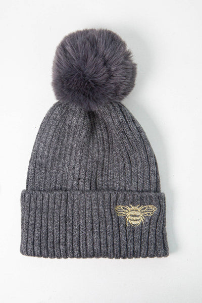 Embroidered Bee Pom Pom Hat Grey - Hauslife
