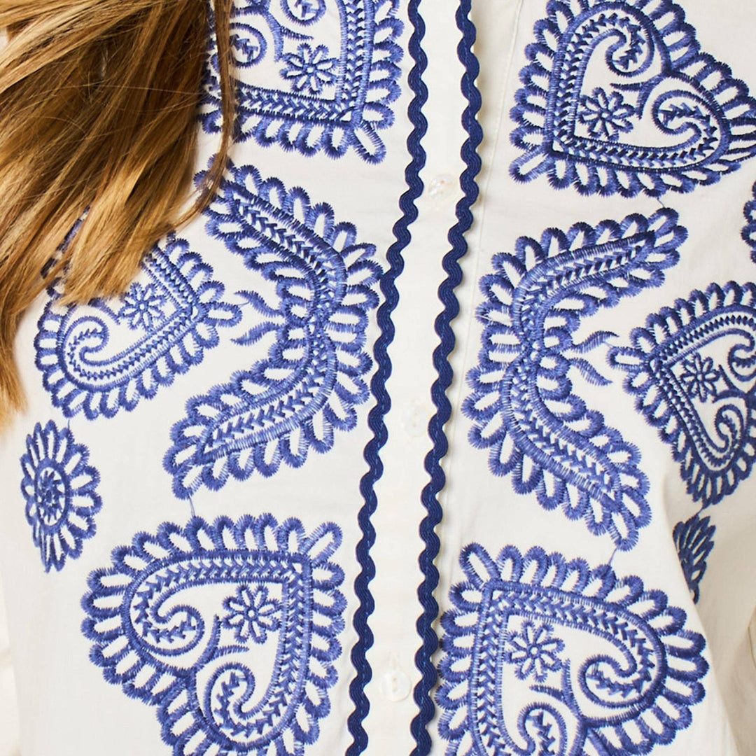 Embroidered Hearts Long Sleeve Cotton Shirt in White - Hauslife