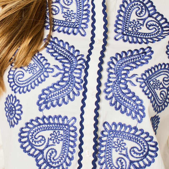 Embroidered Hearts Long Sleeve Cotton Shirt in White - Hauslife