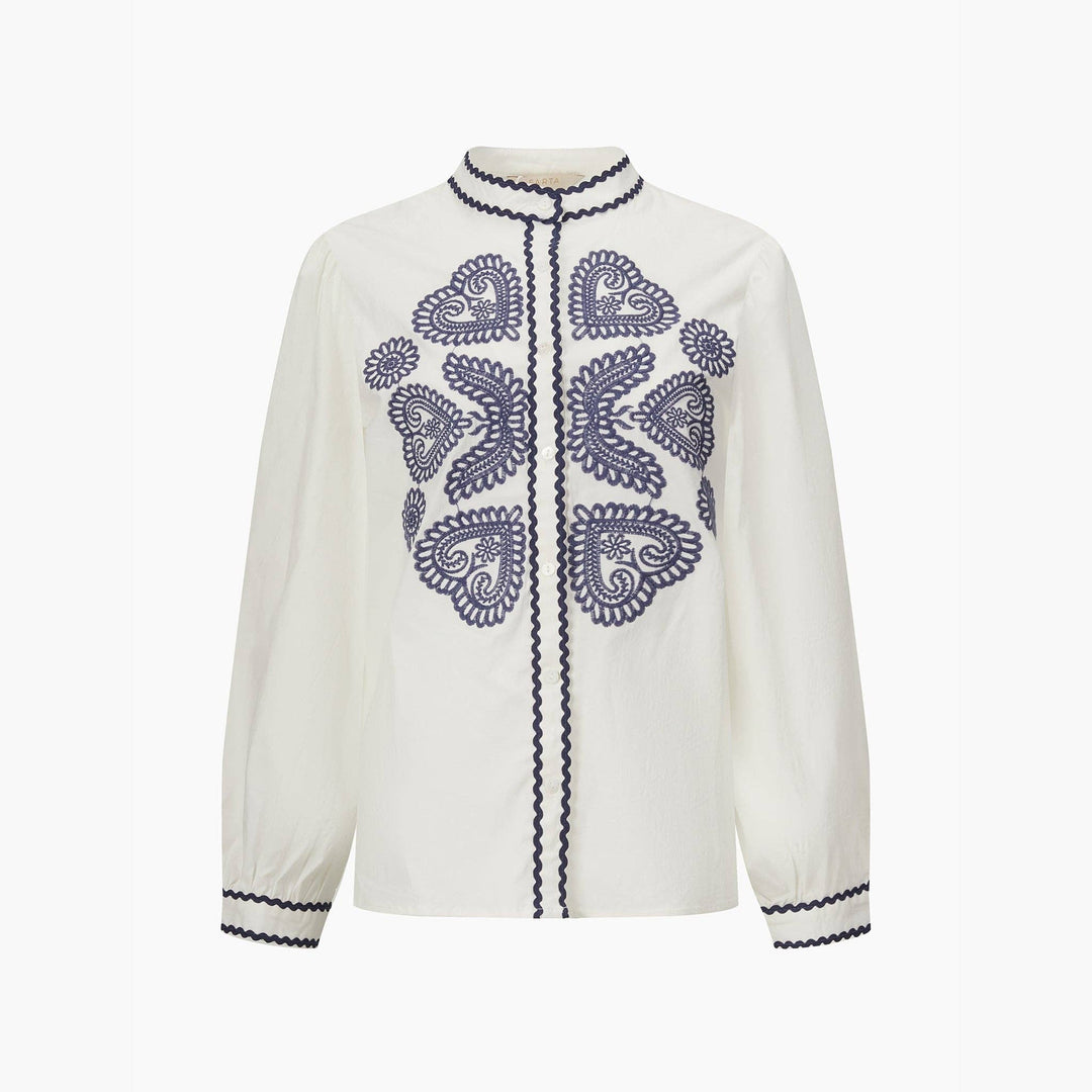 Embroidered Hearts Long Sleeve Cotton Shirt in White - Hauslife