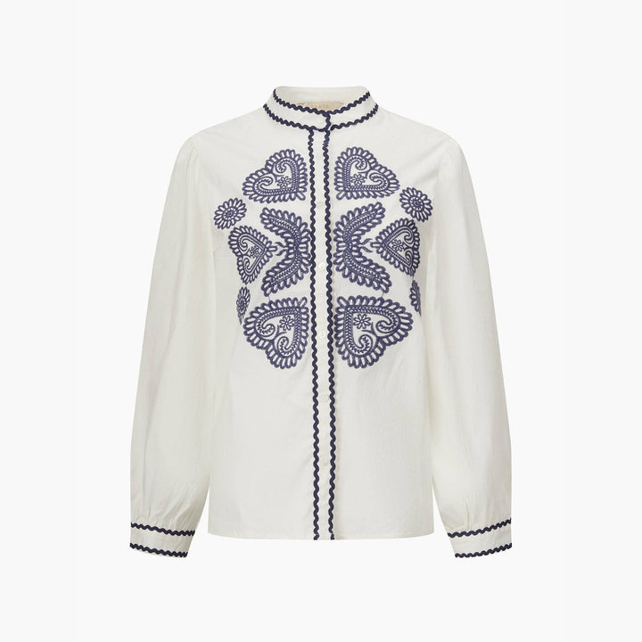 Embroidered Hearts Long Sleeve Cotton Shirt in White - Hauslife