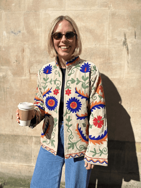 Embroidered Velvet Suzani Jacket - Beige & Blue Flowers - Hauslife