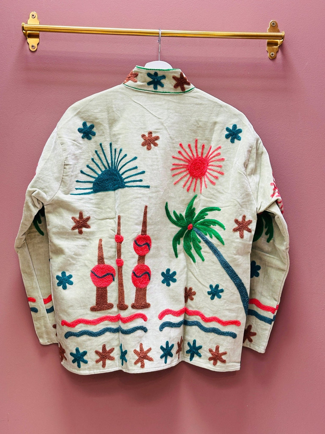 Embroidered Velvet Suzani Jacket - Beige Palms and Sun - Hauslife