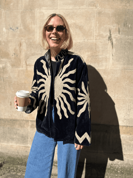 Embroidered Velvet Suzani Jacket - Black Sunburst - Hauslife