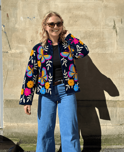 Embroidered Velvet Suzani Jacket - Navy Butterfly - Hauslife