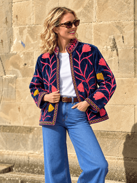 Embroidered Velvet Suzani Jacket - Navy Vines - Hauslife